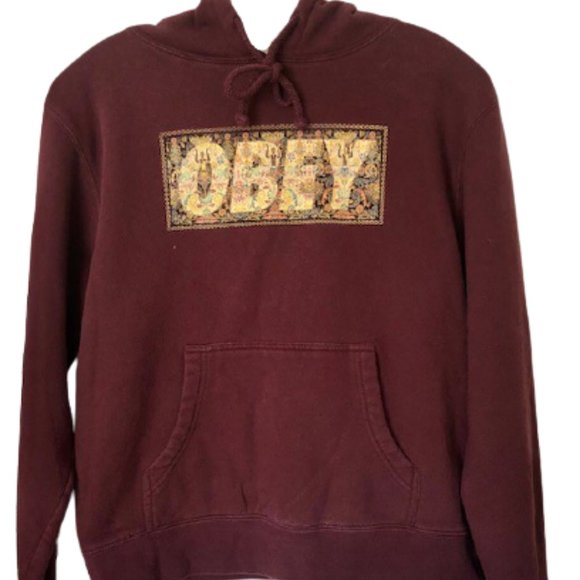 Obey Burgundy Floral/Figural Warrior Logo Hoodie - M - Picture 1 of 11